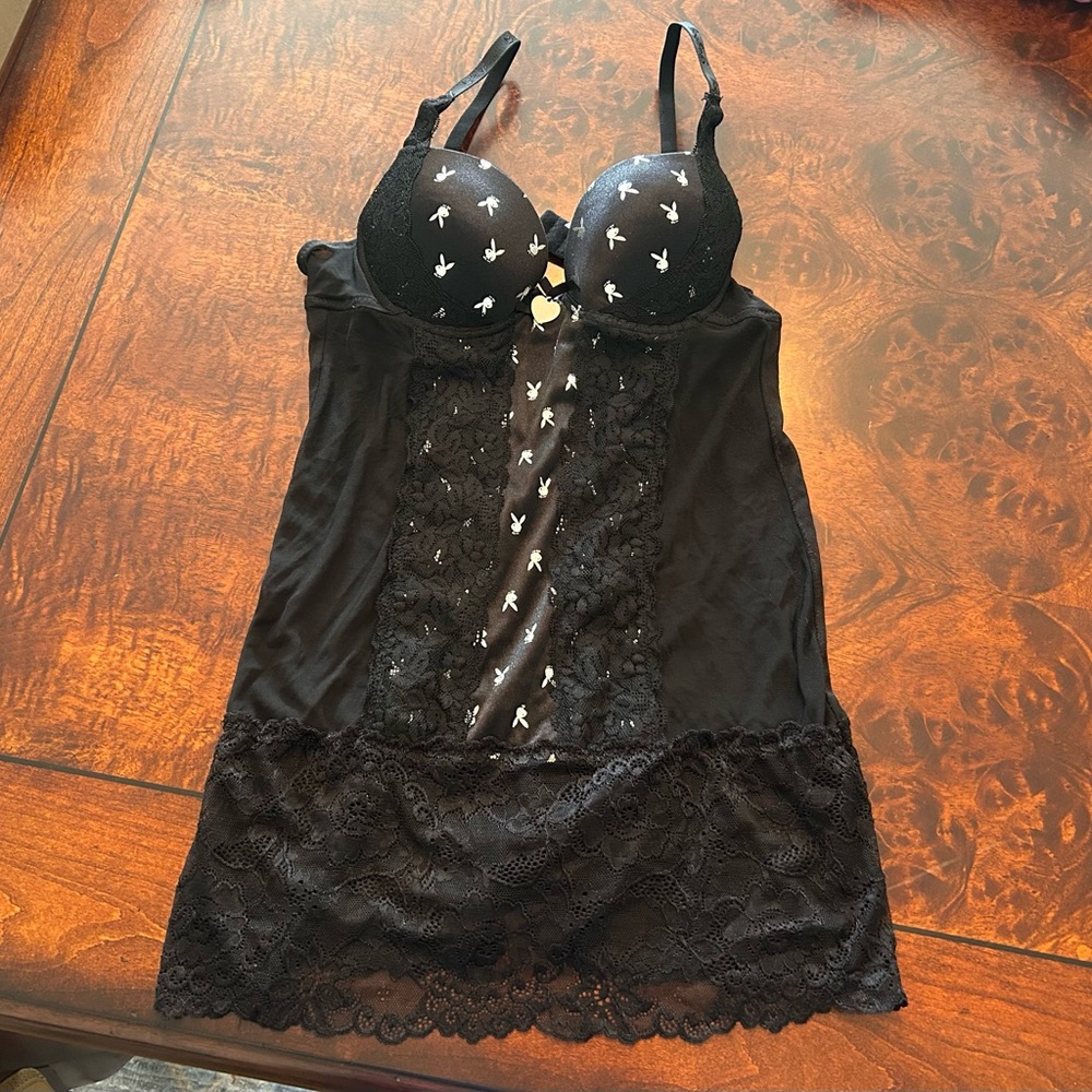 Playboy Intimates Lace & Metallic Babydoll Nightgown Womens Size S